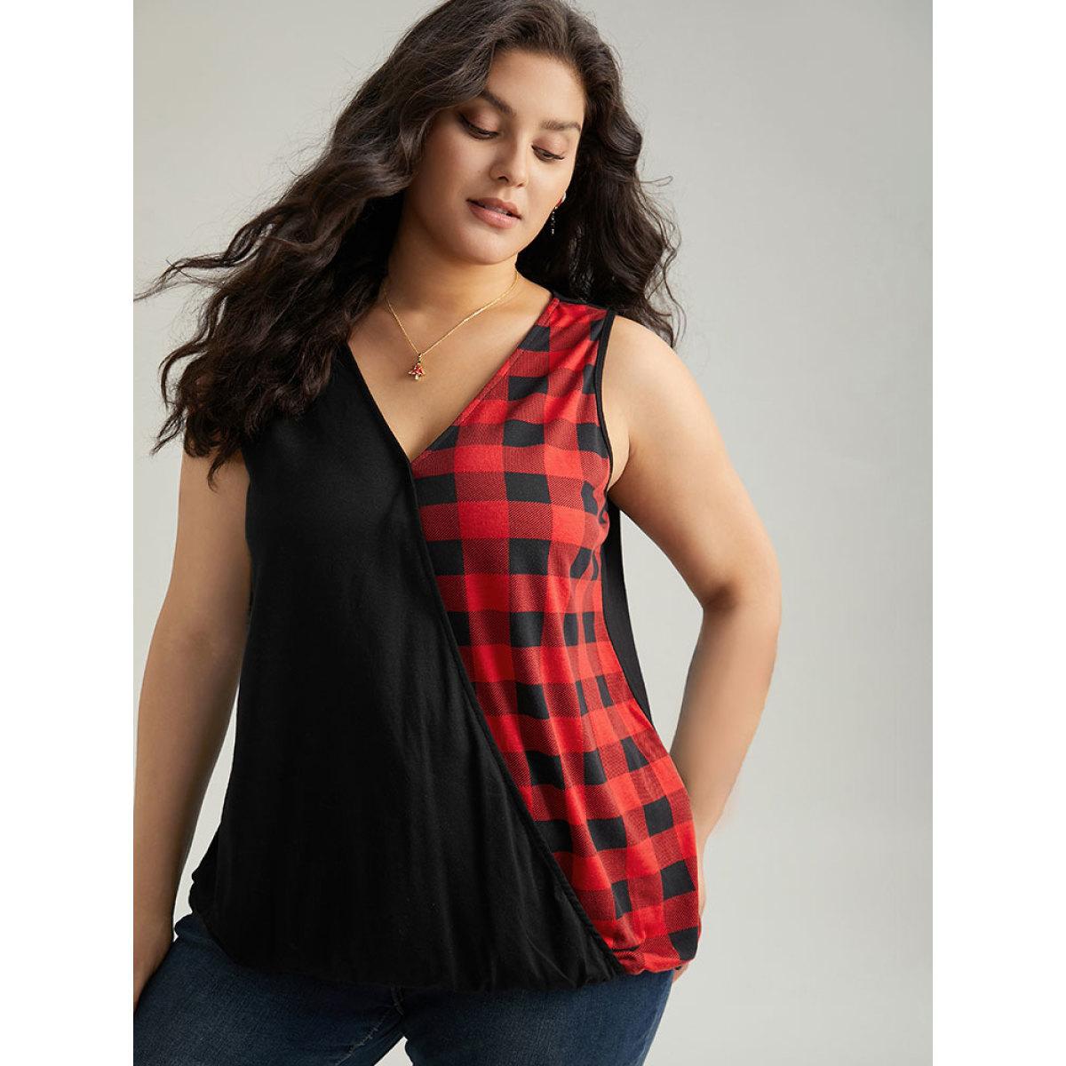 Plus Size V Neck Plaid Patchwork Contrast Tank Top Women Black Casual Contrast V-neck Festival-Christmas Tank Tops Camis BloomChic 18-20/2X Product Image