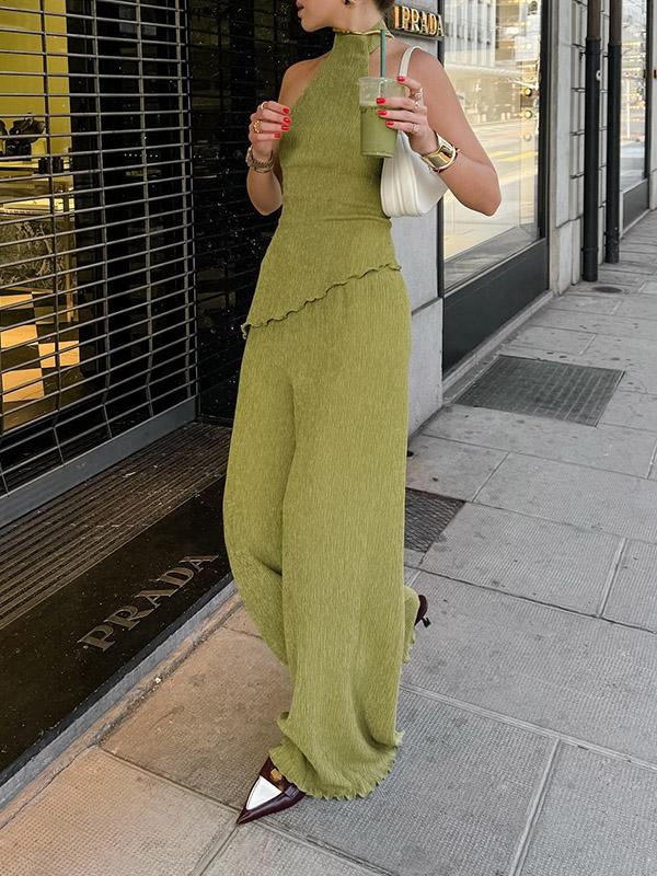 Solid Color Pleated Sleeveless Asymmetric High Neck Vest + Wide Leg Pants Two Pieces Set Product Image