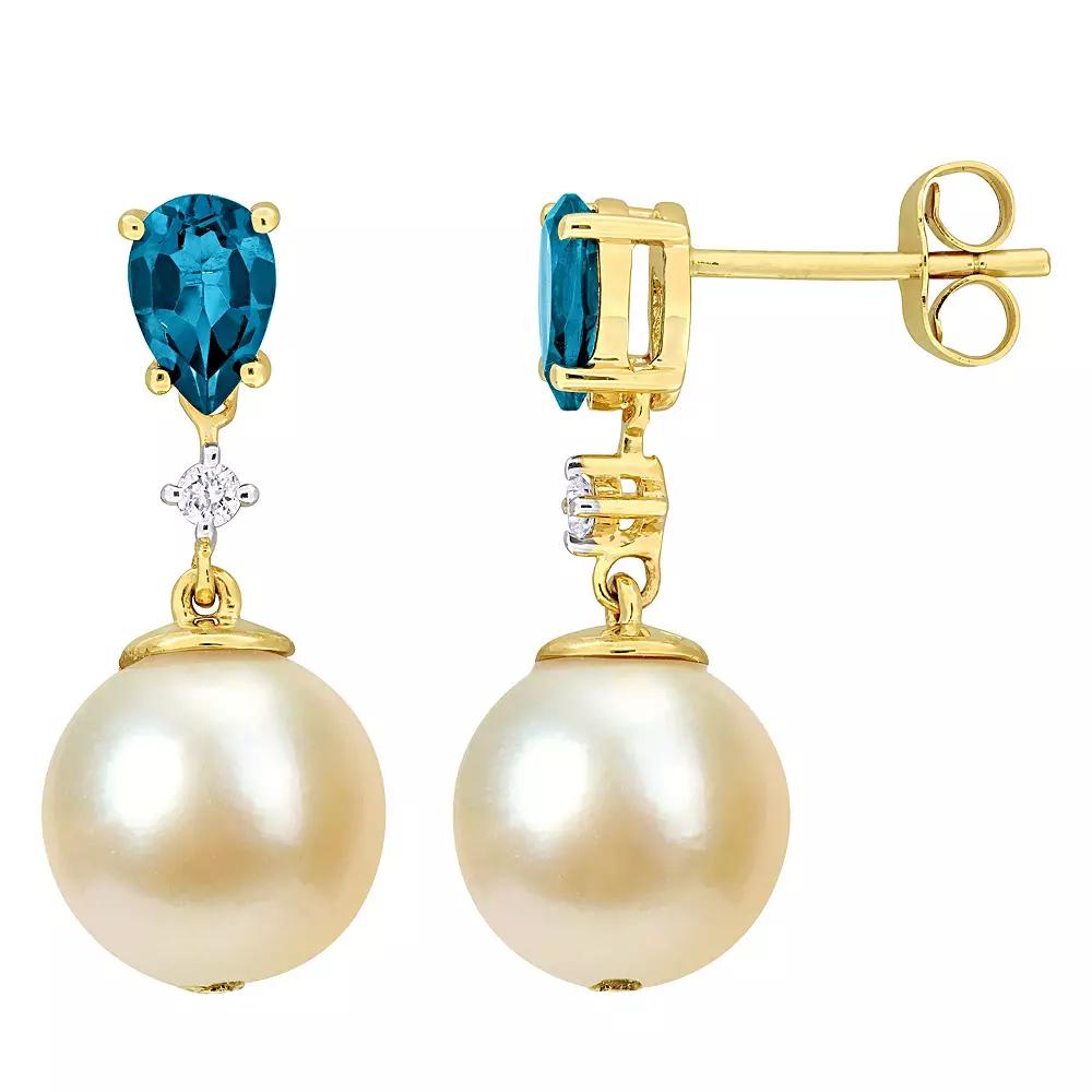 Stella Grace 14k Gold Golden South Sea Cultured Pearl, London Blue Topaz & Diamond Accent Drop Earrings, Women's Product Image
