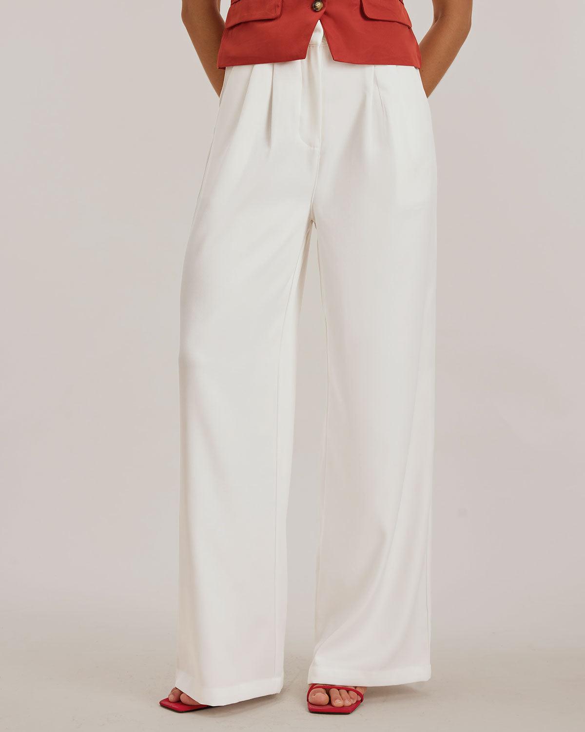 White Ruched Straight Pants Product Image