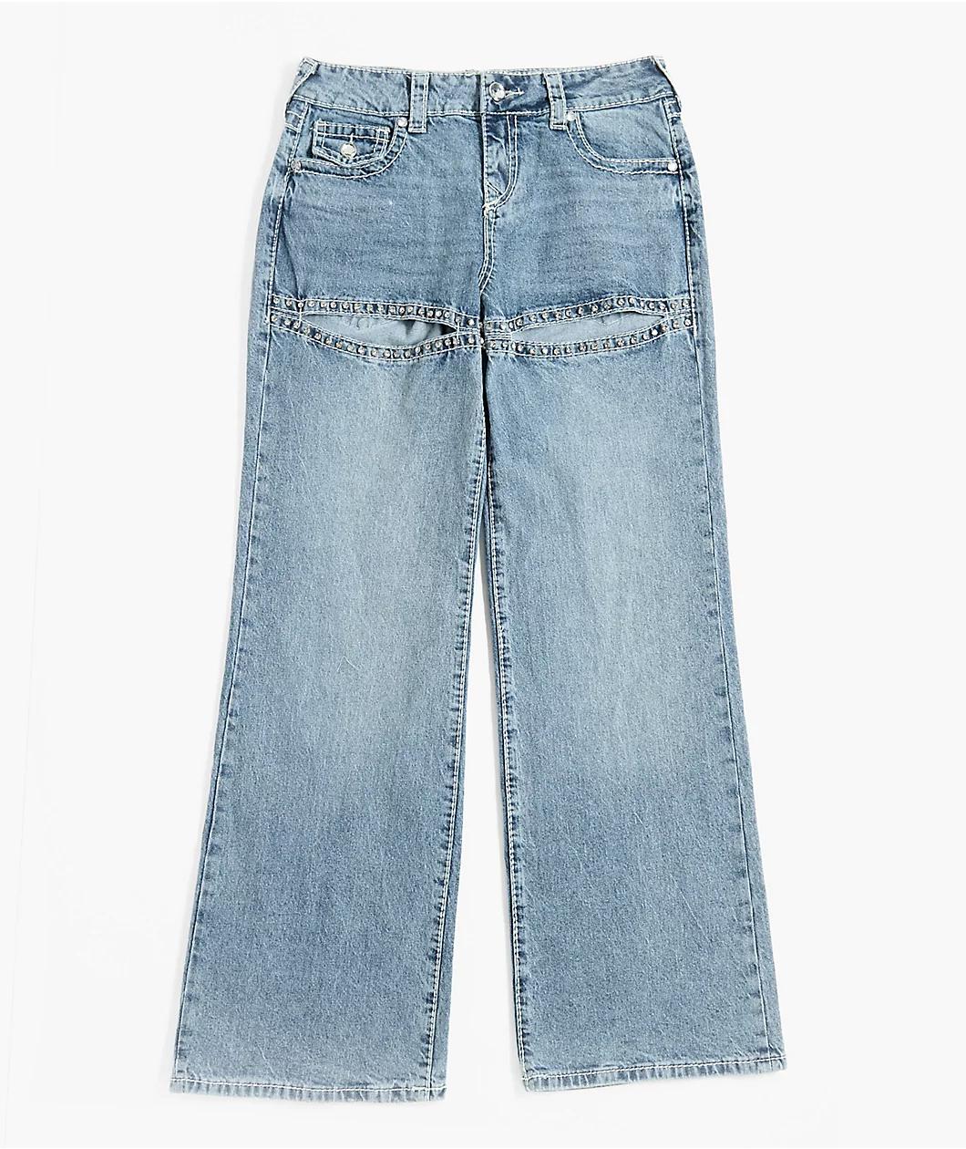 True Religion Bobbi Crystal Cutout Big T Blue Baggy Jeans Product Image