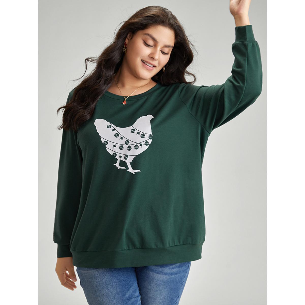 Plus Size Christmas Animal Print Crew Neck Sweatshirt Women DarkGreen Casual Printed Festival-Christmas Sweatshirts BloomChic 22-24/3X Product Image