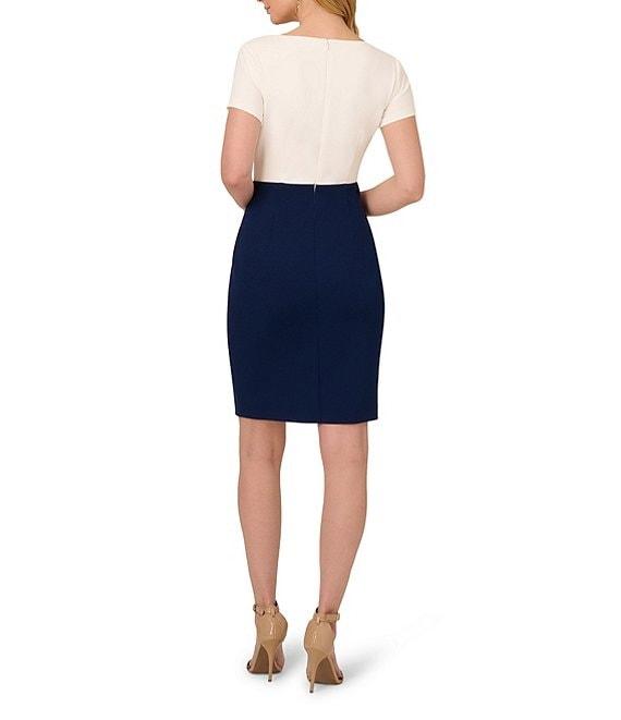 Adrianna Papell Crew Neck Short Sleeve Two Tone Drape Front Crepe Sheath Dress Product Image
