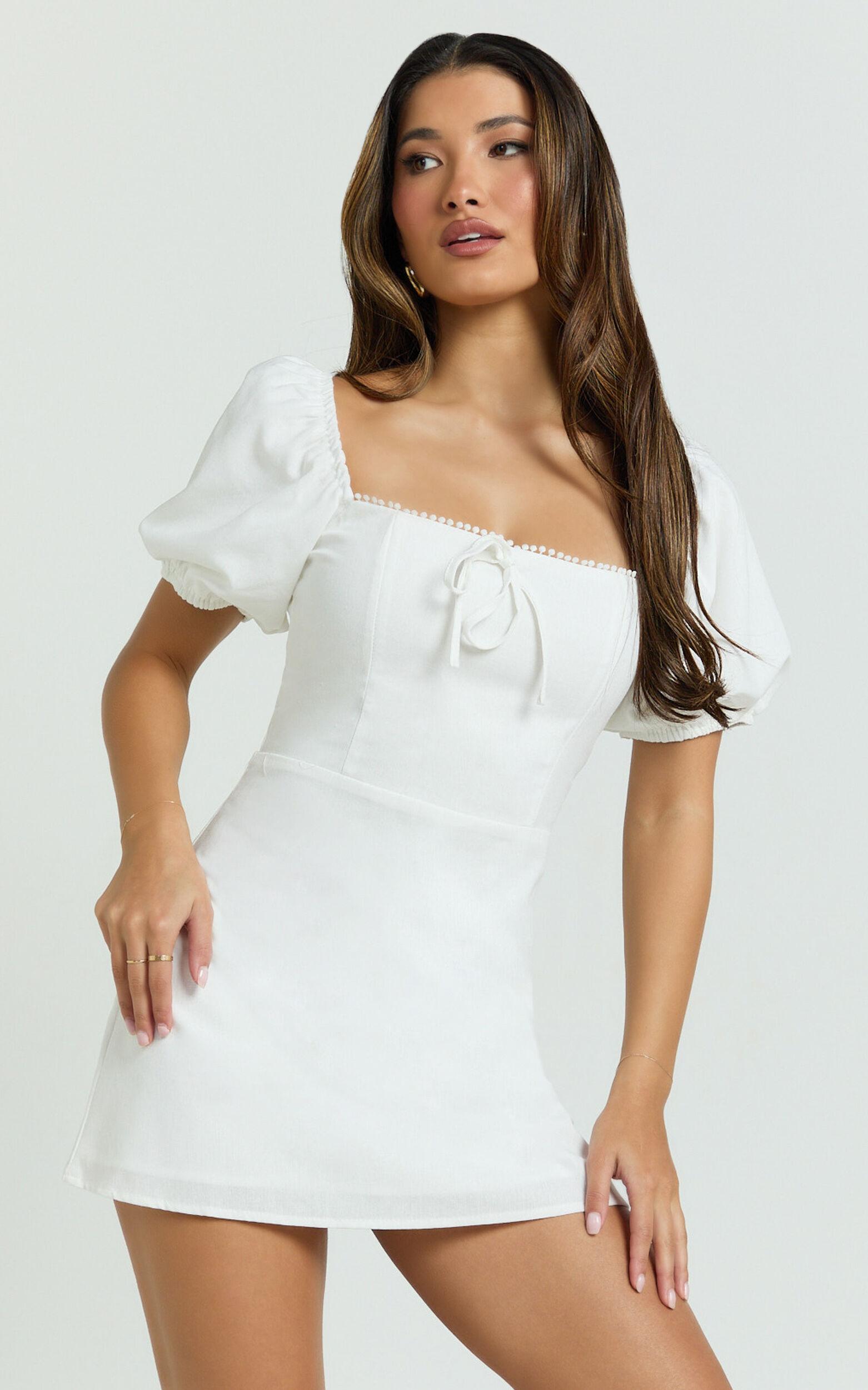 Jules Mini Dress - Puff Sleeve Square Neck Fit And Flare Dress in White Product Image