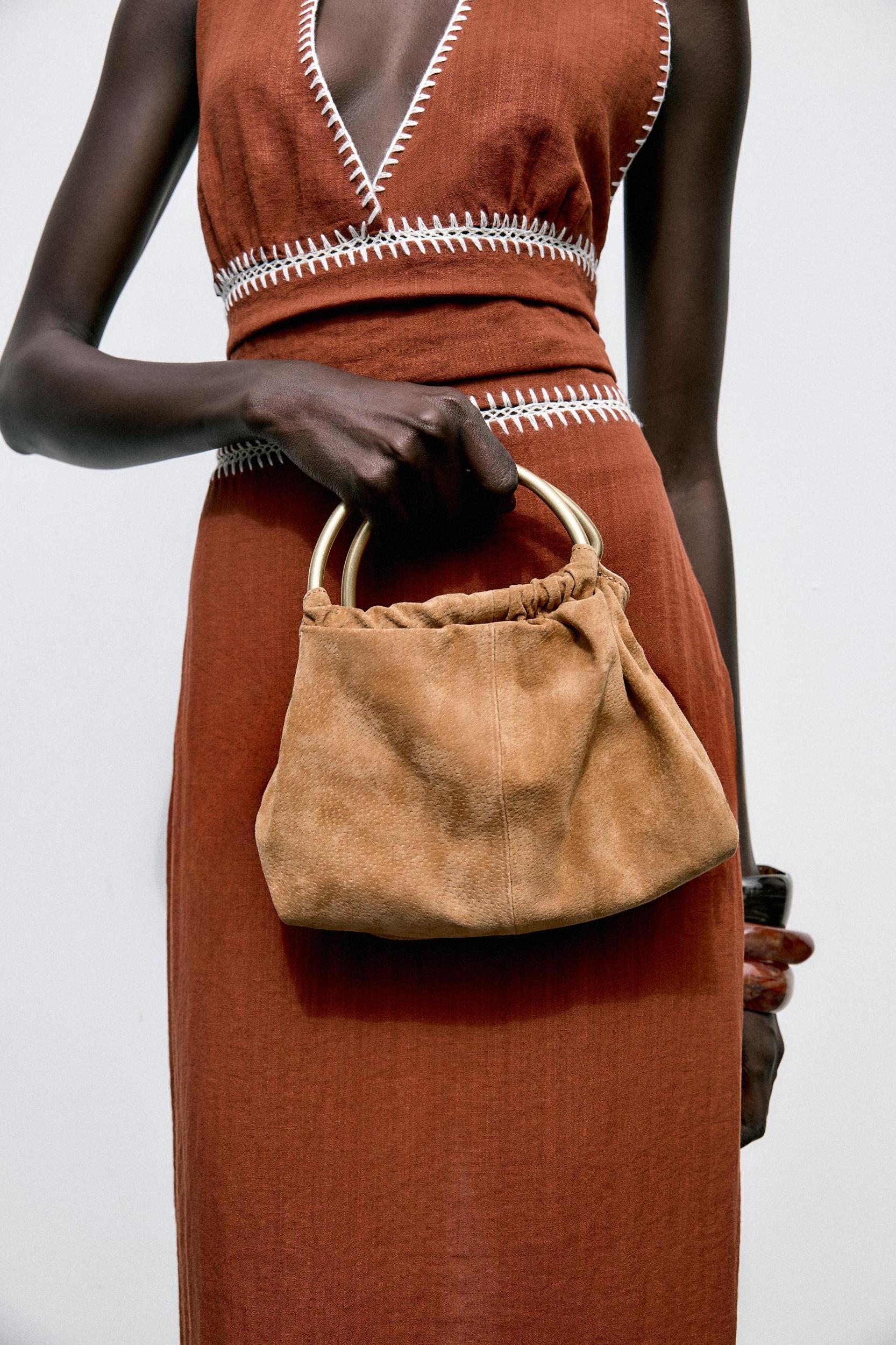 SPLIT LEATHER MINI BOWLING BAG WITH METAL HANDLE Product Image