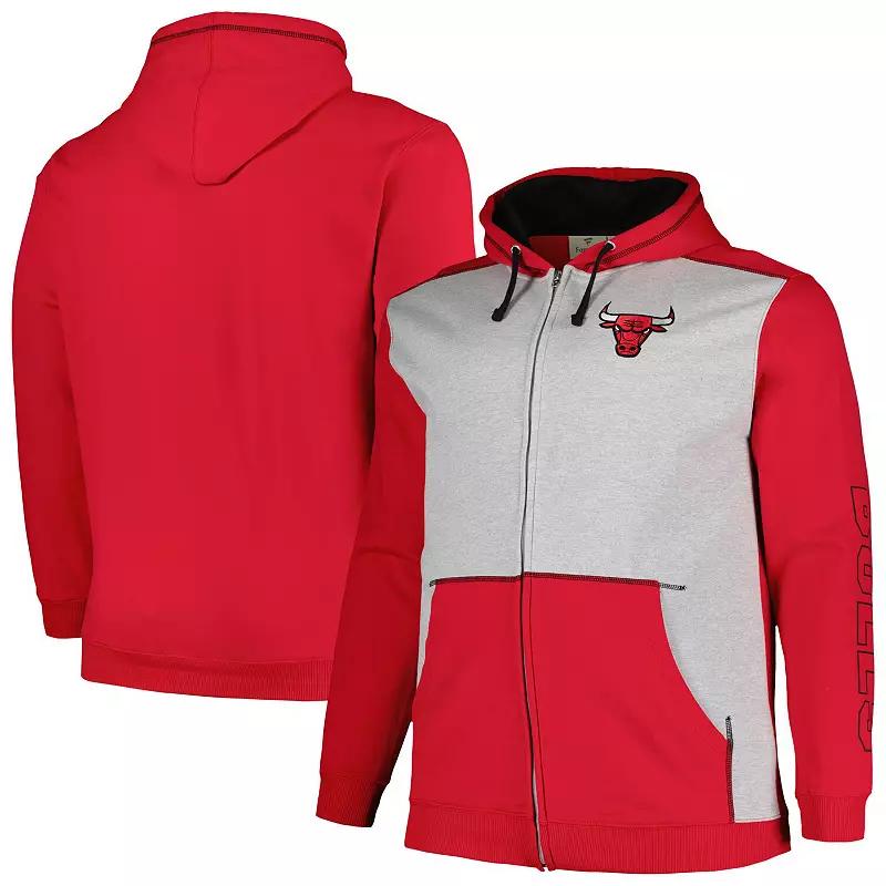 Men's Fanatics Branded Red/Heather Gray Chicago Bulls Big & Tall Contrast Pieced Stitched Full-Zip Hoodie,  Product Image