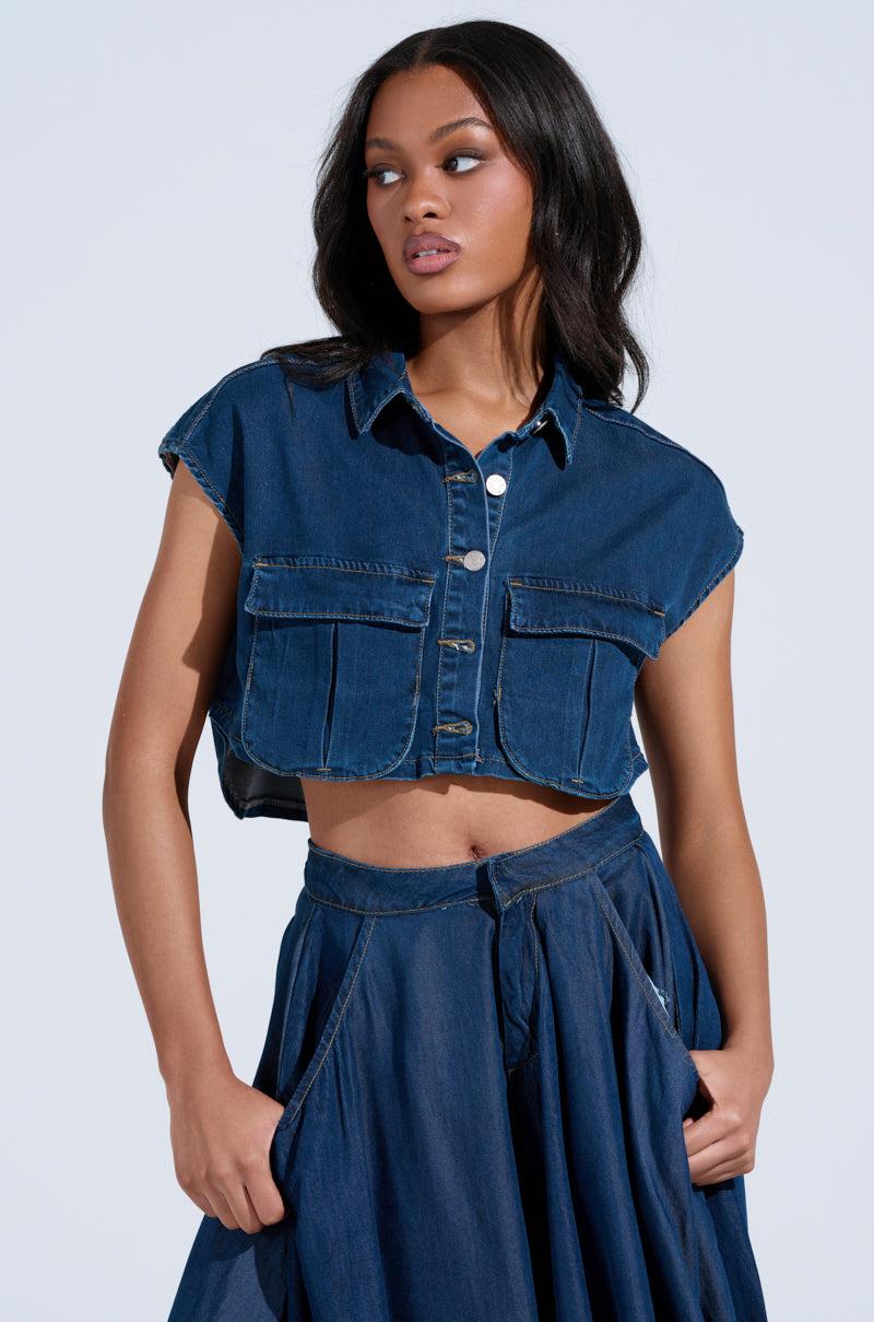 CARRIE BUTTON DOWN DENIM VEST TOP Product Image