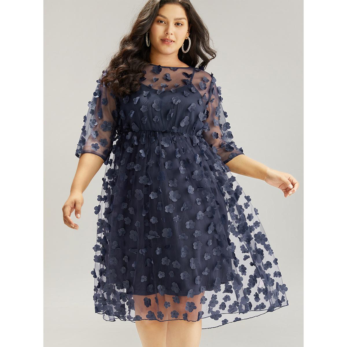 Plus Size Floral Embroidered Mesh Elastic Waist Crew Neck Dress DarkBlue Women Glamour See through Round Neck Elbow-length sleeve Curvy Knee Dress BloomChic 22-24/3X Product Image