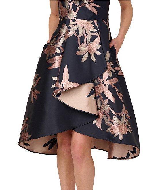 Adrianna Papell Asymmetrical Neckline Sleeveless Floral Print Jacquard Dress Product Image