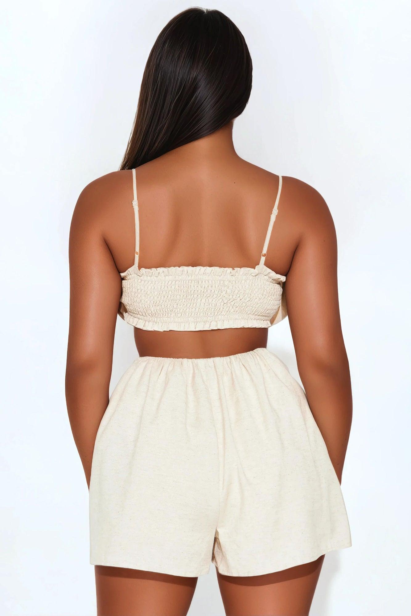 Follow The Petals Linen Romper - Beige Product Image