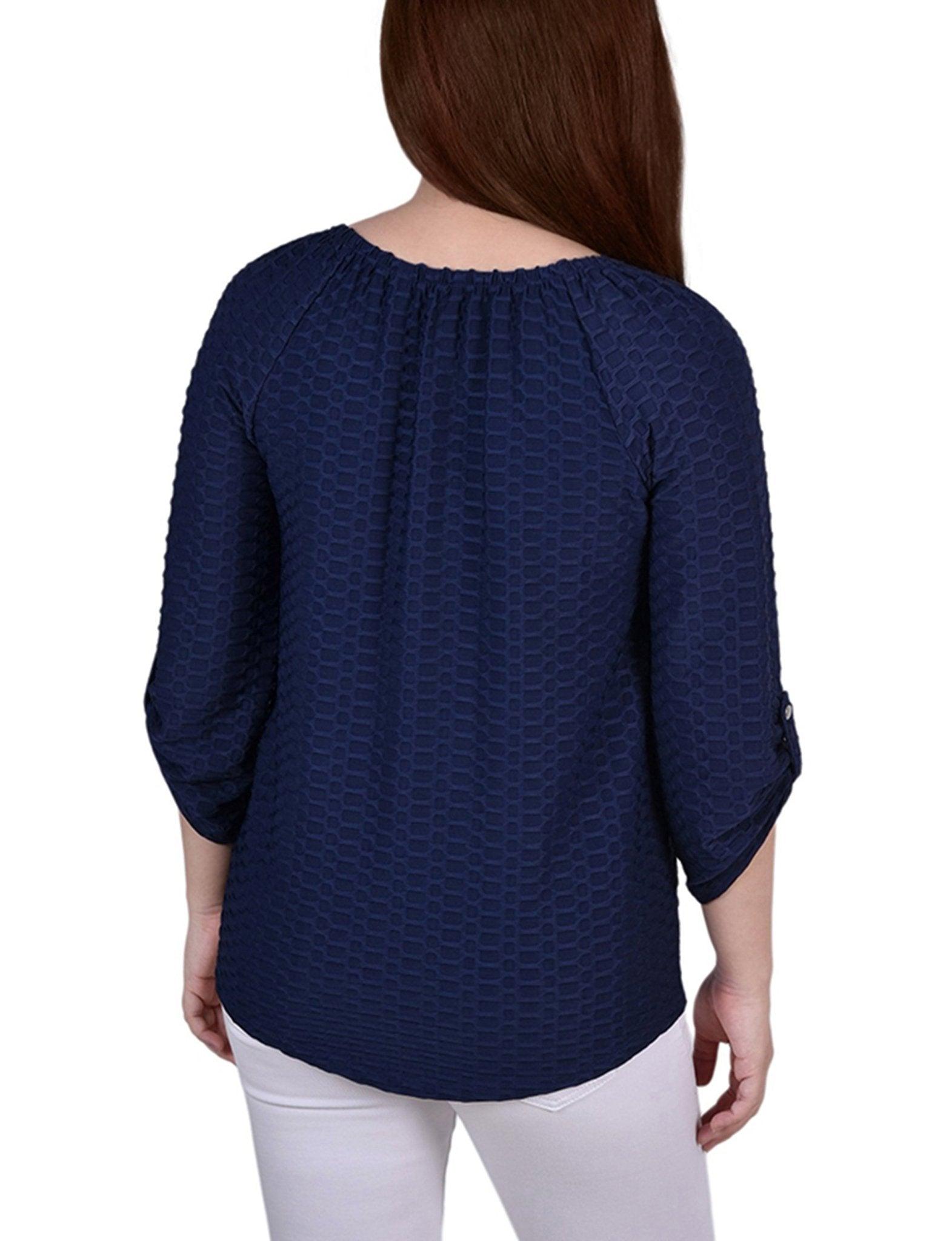 Dark Blue 3/4 Sleeve Blouse With Necklace - Petite Product Image