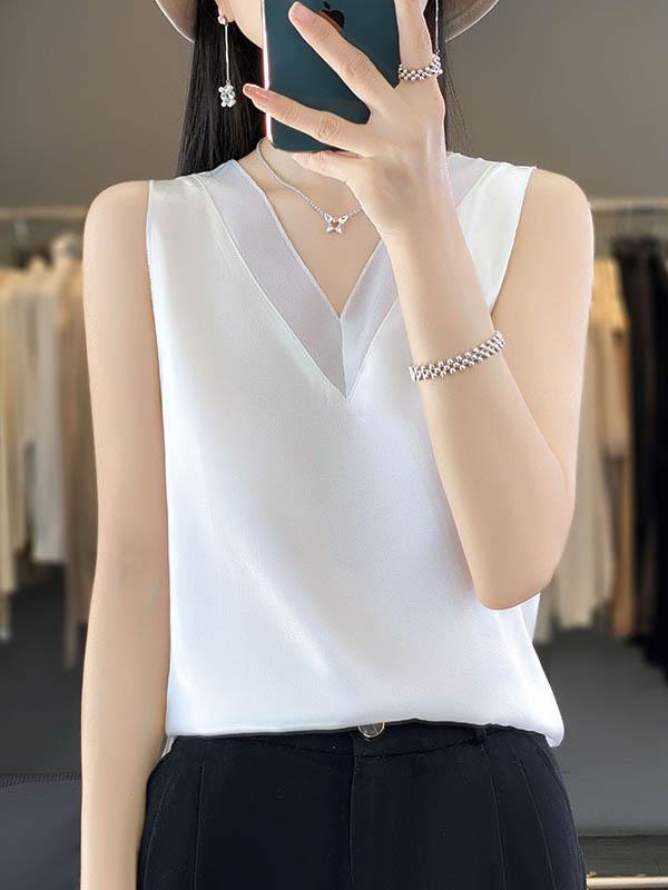 Loose Sleeveless Solid Color V-Neck Vest Top Product Image