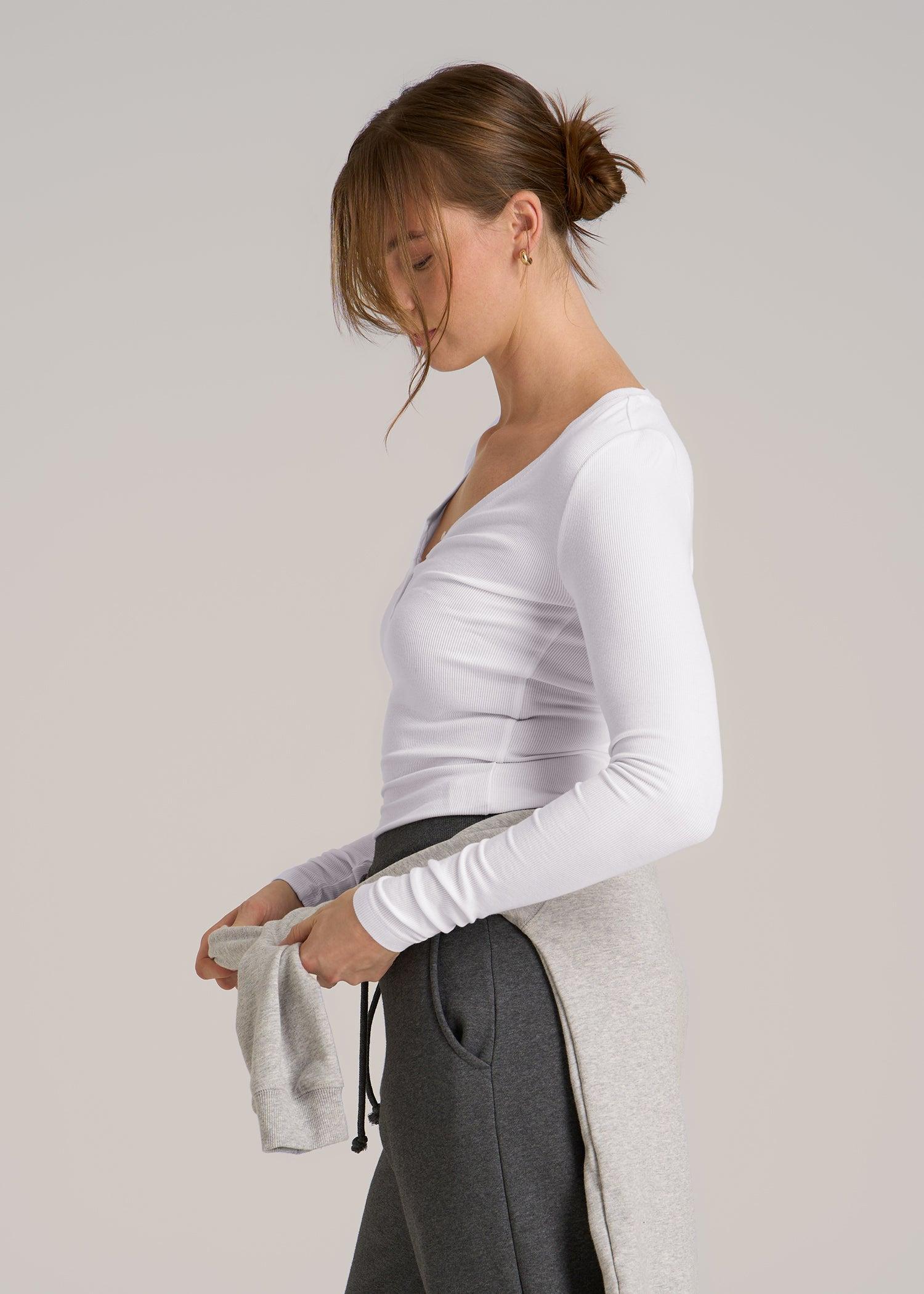 Fitted Ribbed Long Sleeve Henley for Tall Women in White Female Product Image