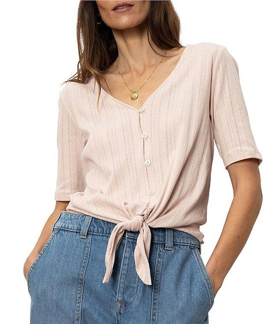 Sanctuary Pointelle V-Neck Short Sleeve Button Front Top Product Image