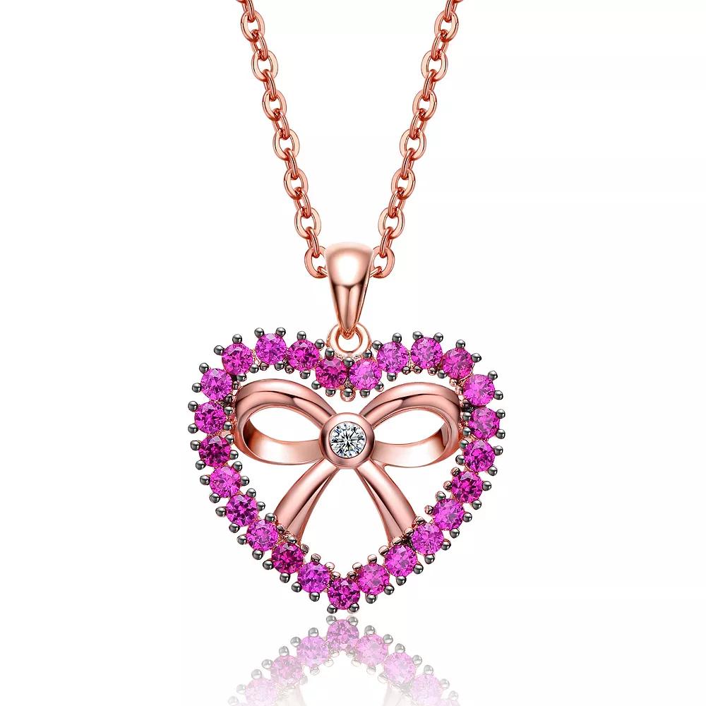 18k Rose Gold Plated Purple Cubic Zirconia Heart & Ribbon Pendant Necklace, Womens Pink Tone Product Image