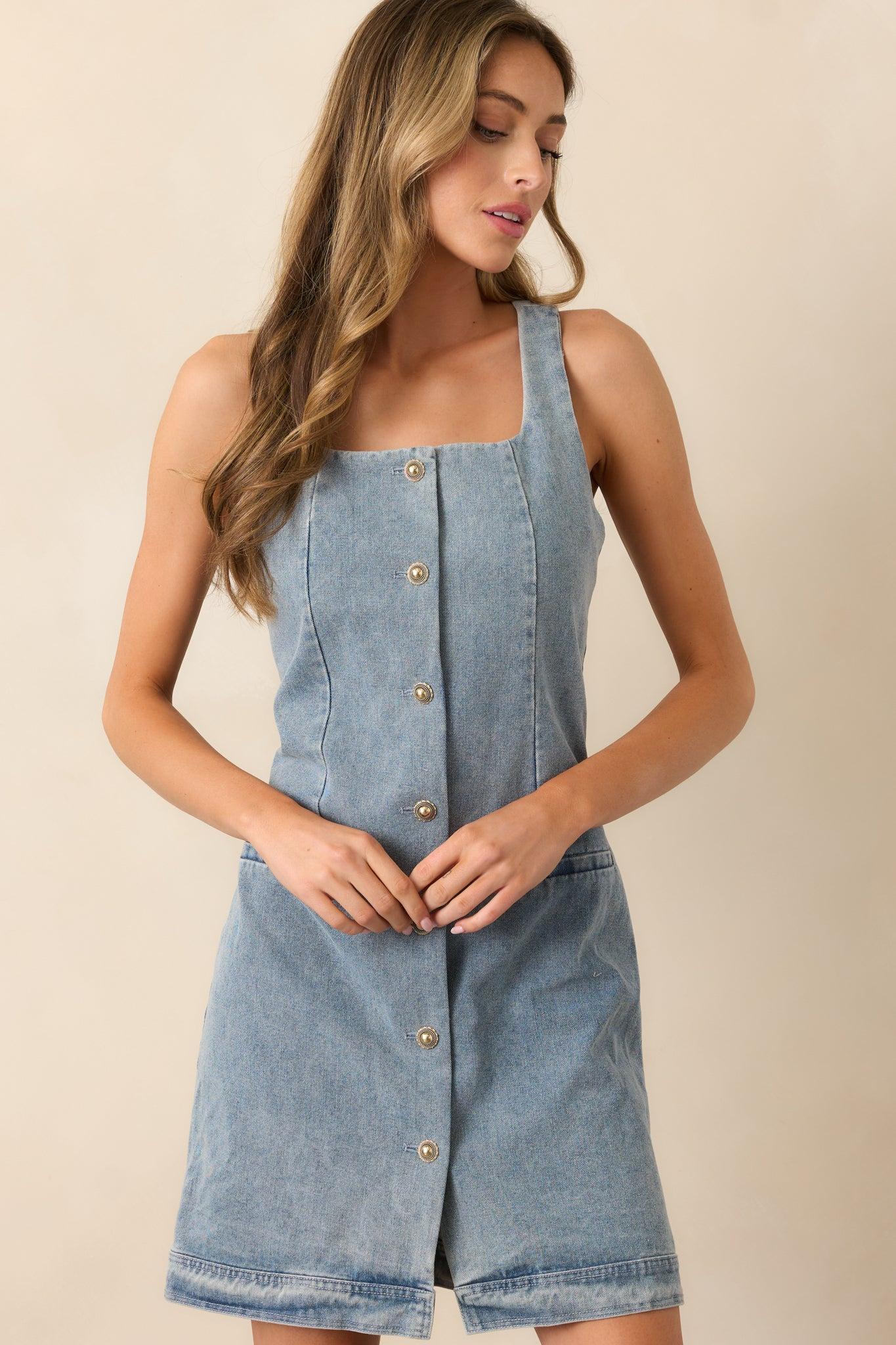 Urban Dreams Light Wash Button Front Denim Mini Dress Product Image