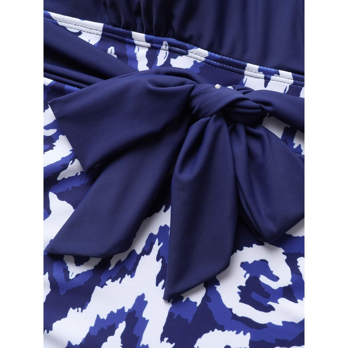 Plus Size Overlap Collar Boho Print Tie Knot One Piece Swimsuit Women's Swimwear DarkBlue Beach Tie knot Curve Bathing Suits High stretch One Pieces BloomChic 22-24/3X Product Image