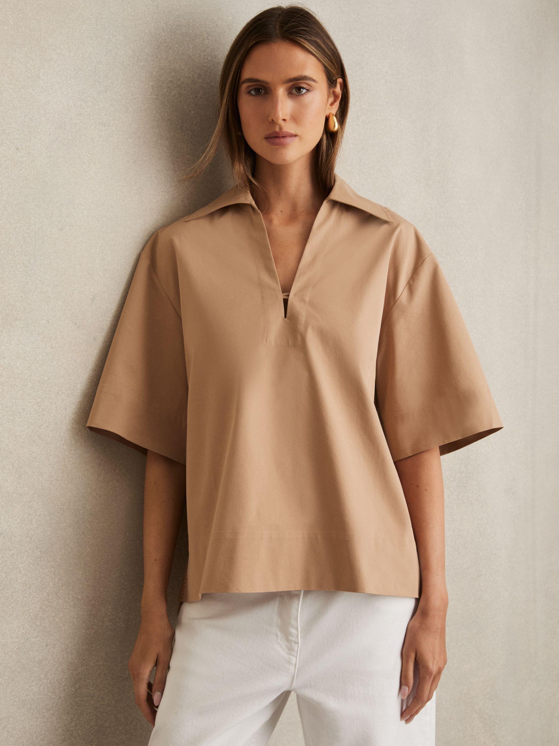 Cotton Blend Craft Stitch Collared Top in Camel Product Image