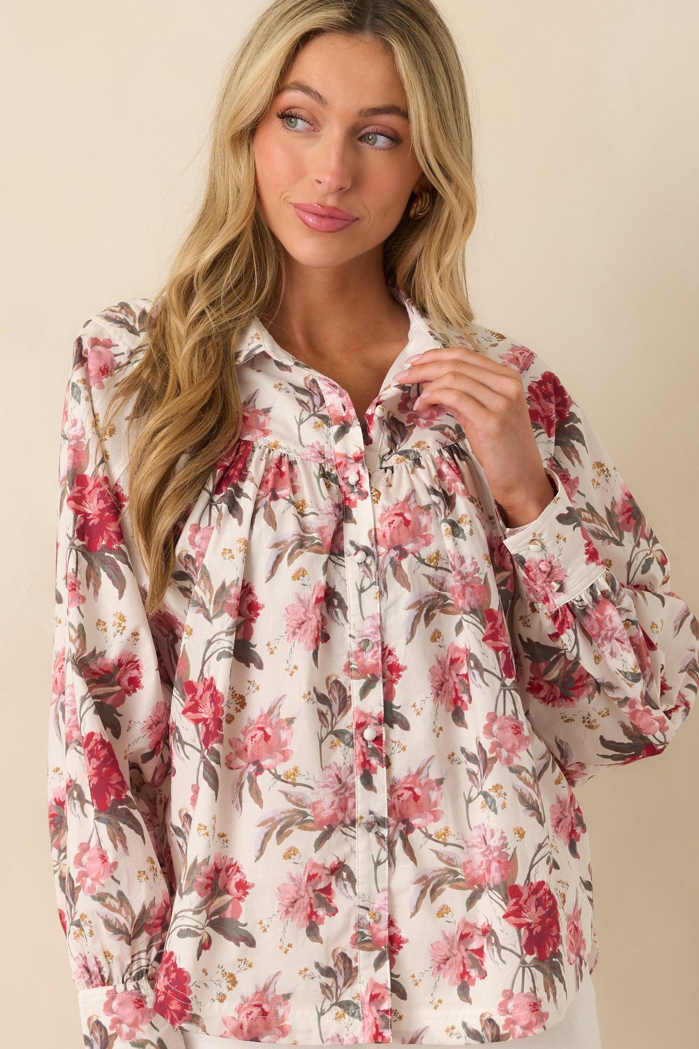 Exactly The Vibe Pink Multi Floral Print Cotton Button Front Top L / Pink Product Image