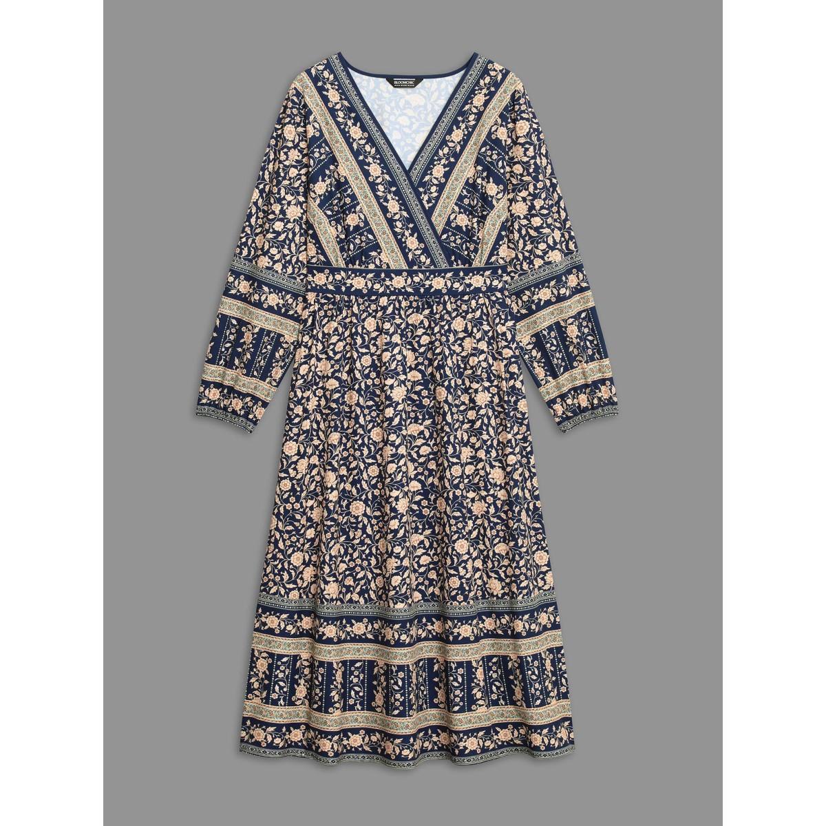 Plus Size Surplice Neck Boho Print Elastic Waist Dress Indigo Women Resort Non Overlap Collar Long Sleeve Curvy BloomChic 12/L Product Image