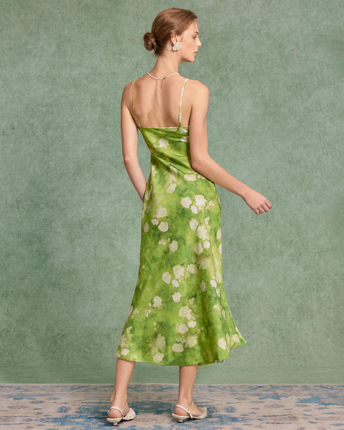 Green Floral A-Line Slip Midi Dress Product Image