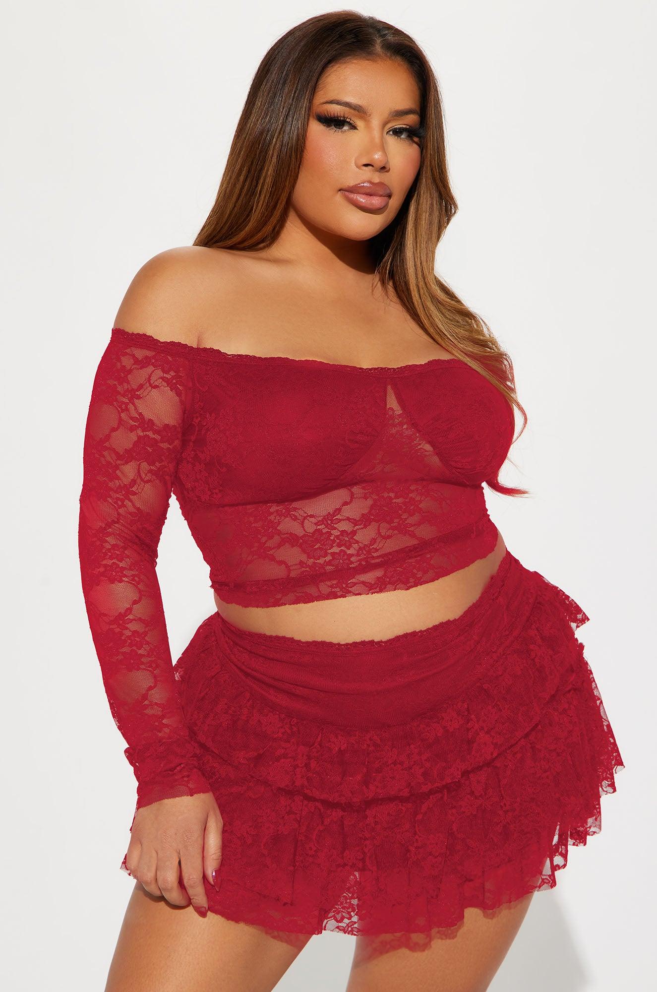 Adryana Ruffled Lace Skirt Set - Red Product Image