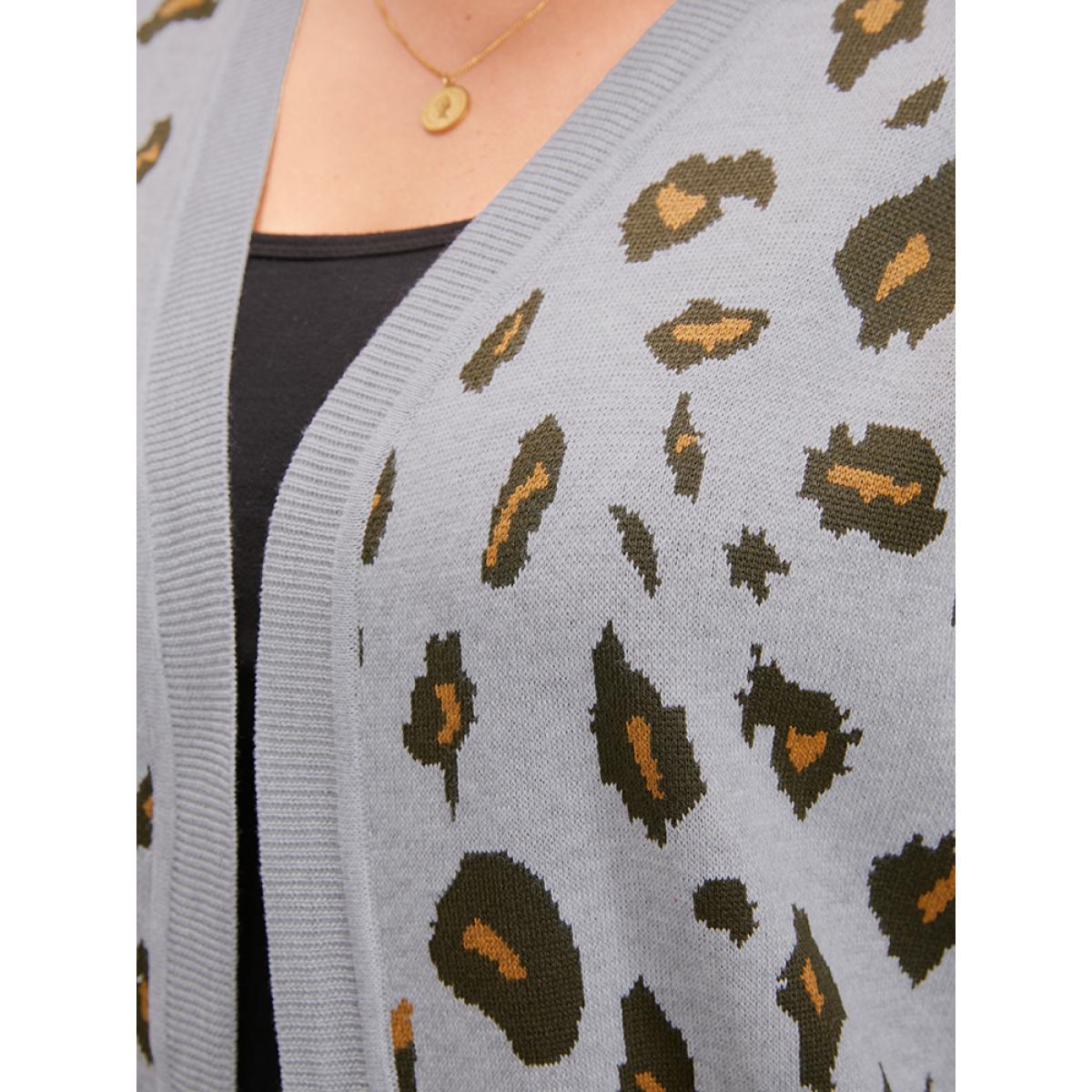 Plus Size Leopard Super Soft Knit Pocket Jacquard Open Front Cardigan DarkGray Women Casual Long Sleeve Dailywear Cardigans BloomChic 18-20/2X Product Image