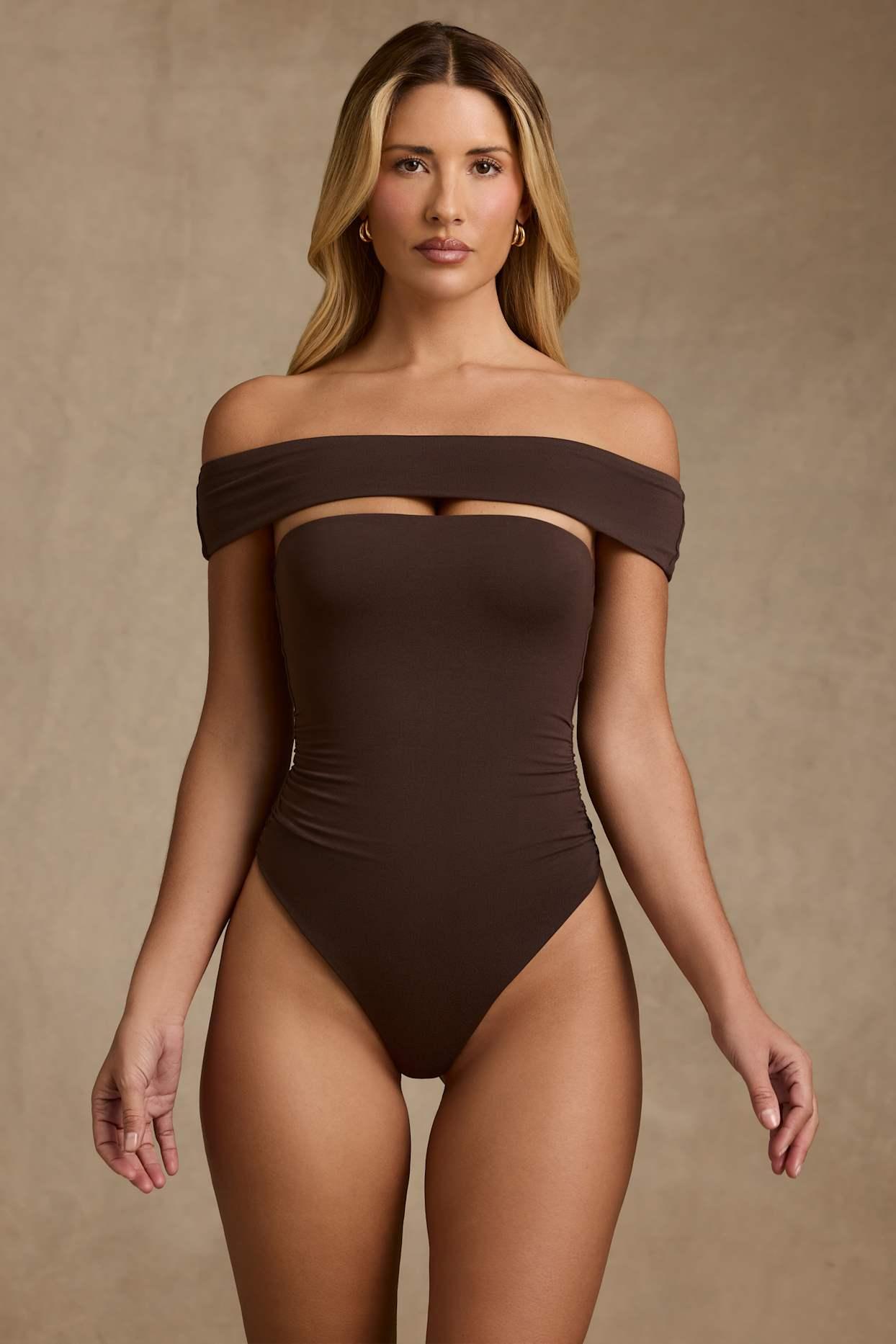Modal Cut-Out Off-Shoulder Bodysuit in Chocolate Brown Female Product Image