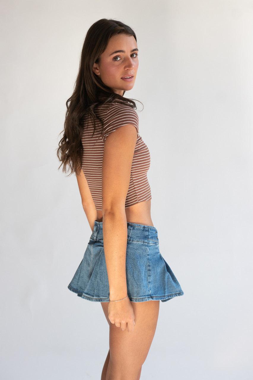 Low Rise Pleated Belted Denim Mini Skort Product Image