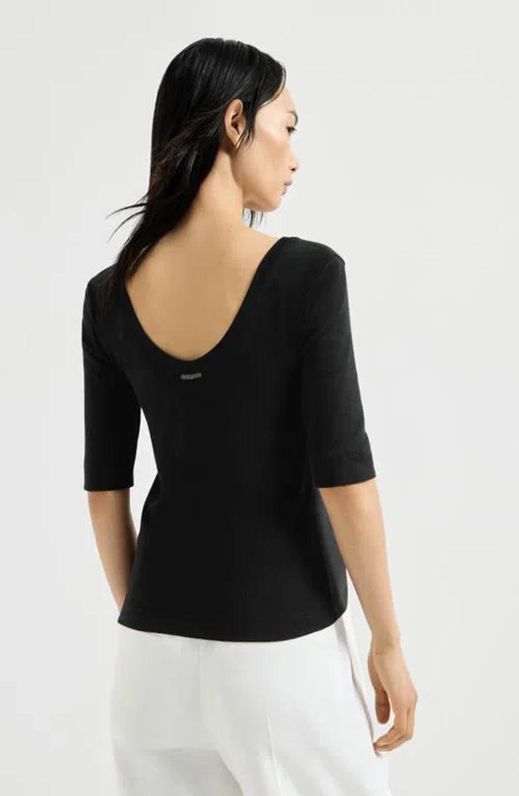 BRUNELLO CUCINELLI Ribbed Scoop Neck Short Sleeve Top In Black Product Image
