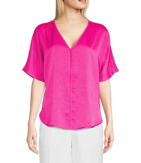 DKNY by Donna Karan Woven V-Neck Short Sleeve Blouse Product Image