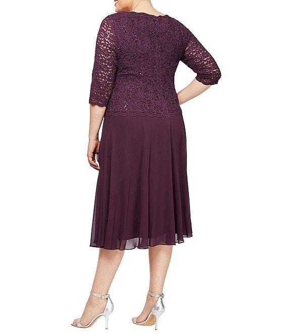 Alex Evenings Plus Size Sequin Lace 3/4 Illusion Sleeve Scallop Round Neck Bodice Chiffon Skirted Dress Product Image
