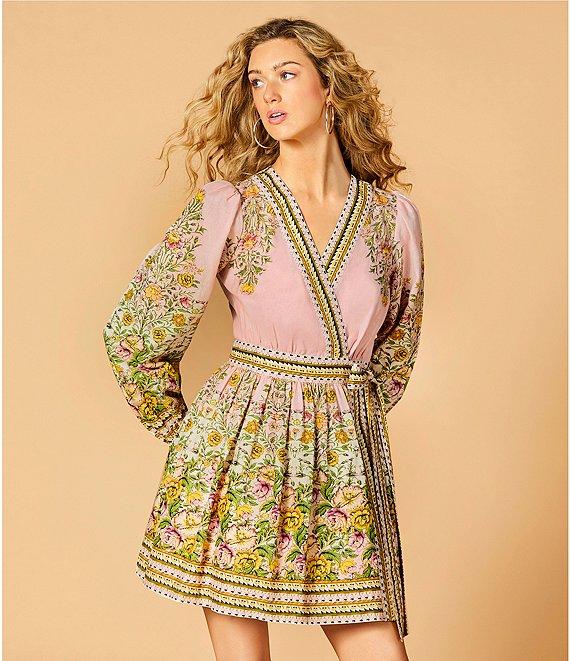 A Loves A Floral Print Surplice V-Neck Long Bubble Sleeve Wrap Above the Knee A-Line Dress Product Image