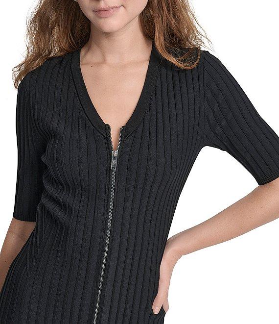 DKNY by Donna Karan Ribbed Knit V-Neck Short Sleeve Zip Front Midi Sheath Dress Product Image