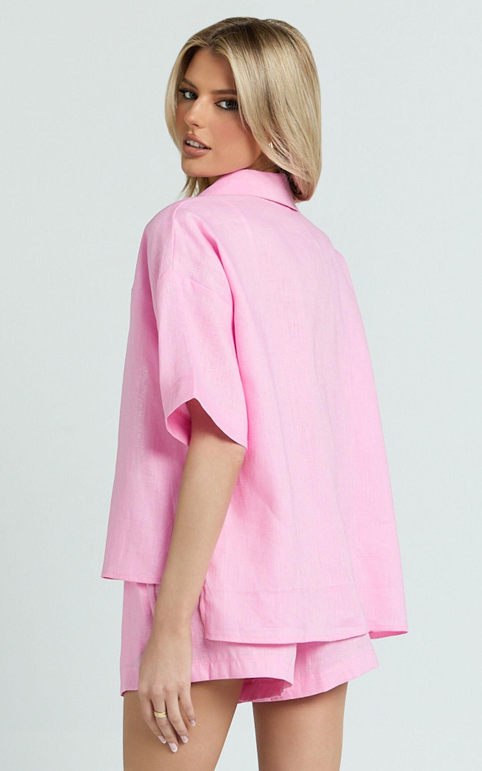 Ramona Top - Linen Short Sleeve Shirt in Pink Product Image