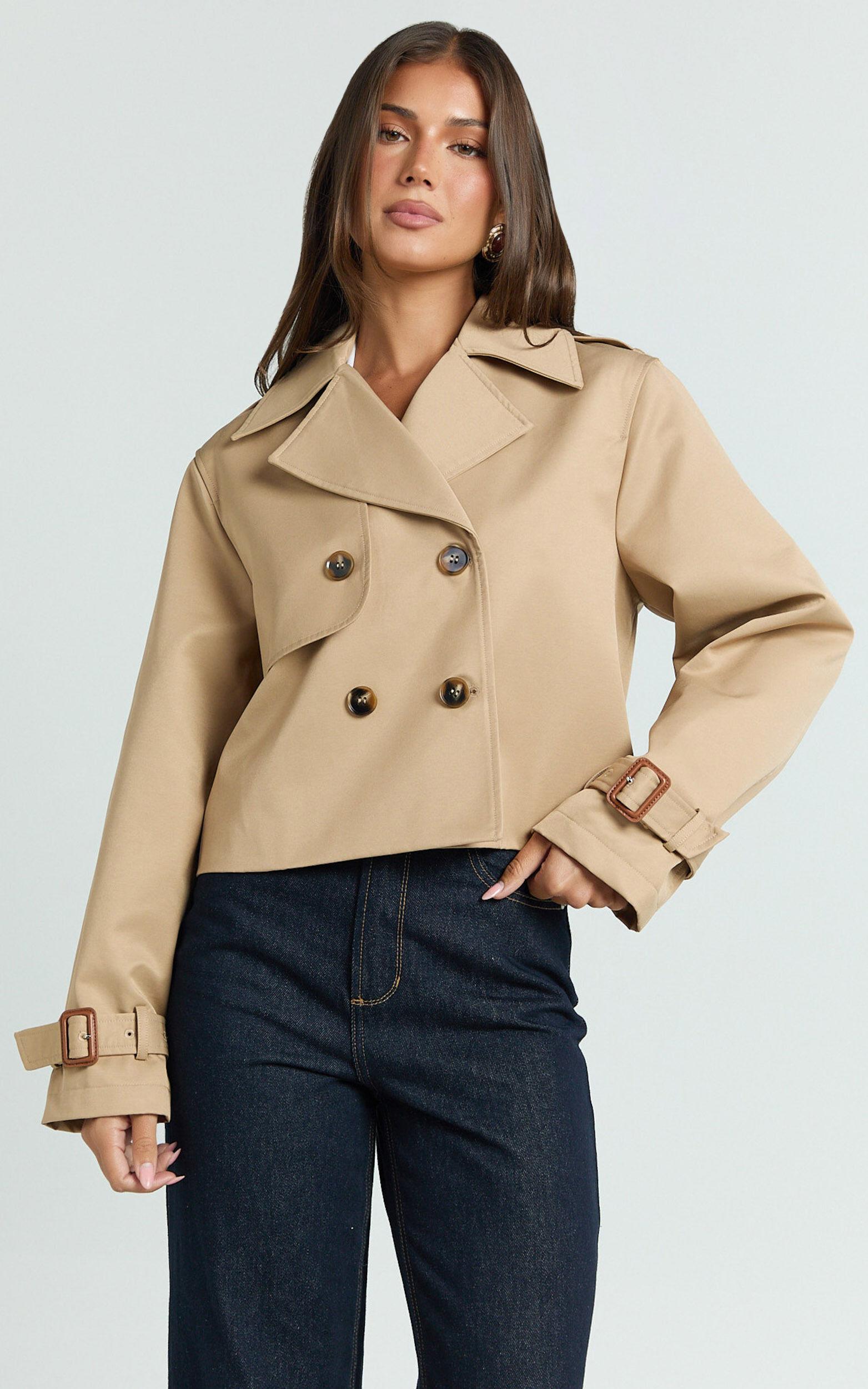 Rose Jacket - Cropped Double Breasted Trench Jacket in Beige Product Image