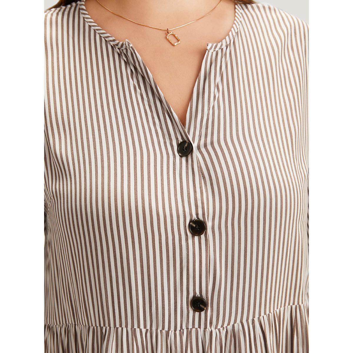 Plus Size Multicolor Striped Button Up Ruffles Bell Sleeve Blouse Women Office Elbow-length sleeve V-neck Office Blouses BloomChic 28/5X Product Image