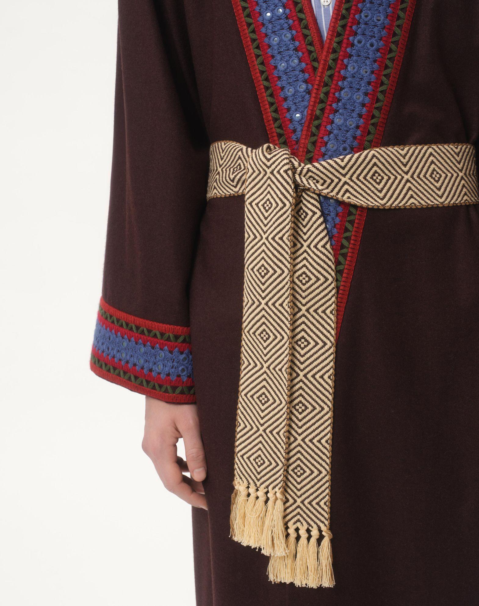 Wool Flannel Robe Coat With Jacquard Belt Product Image