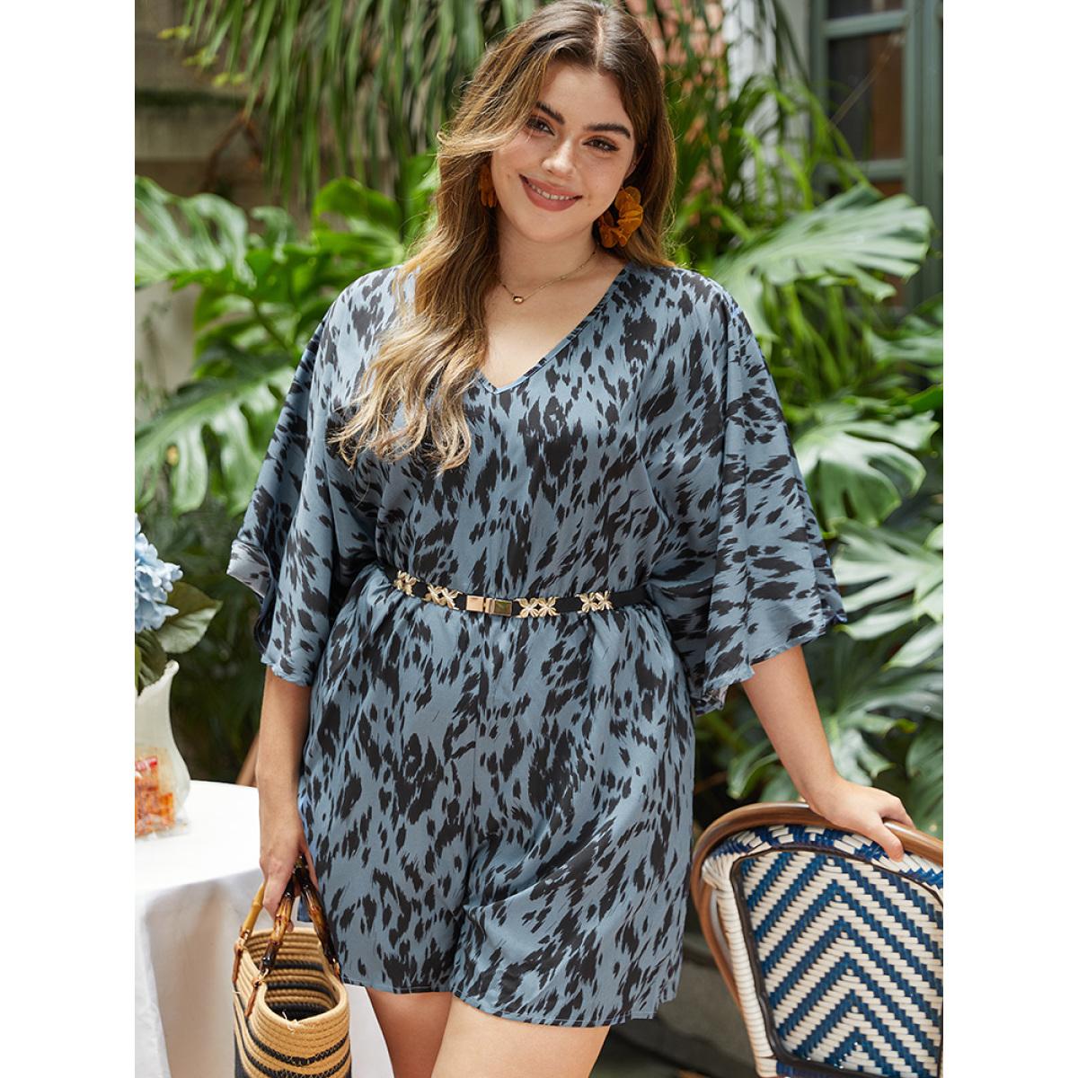 Plus Size Stone Leopard Print Flounce Sleeve Pocket Elastic Waist Jumpsuit Women Vacation Half Sleeve V-neck Dailywear Loose Jumpsuits BloomChic 12/L Product Image