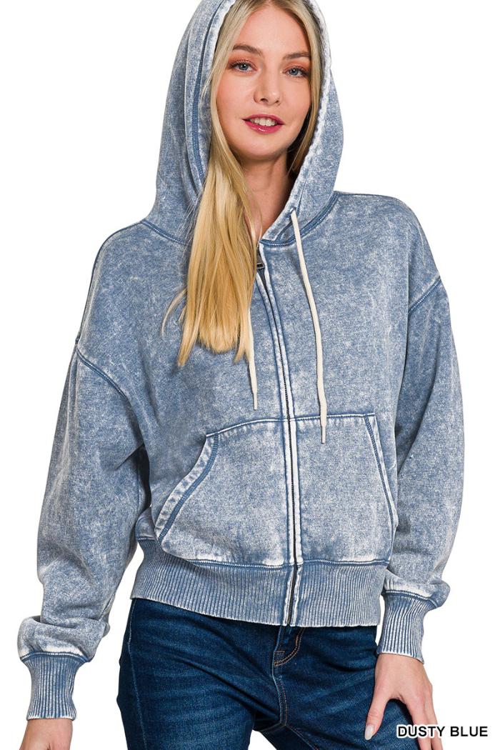 Acid wash fleece cropped zip-up hoodie w pockets Product Image