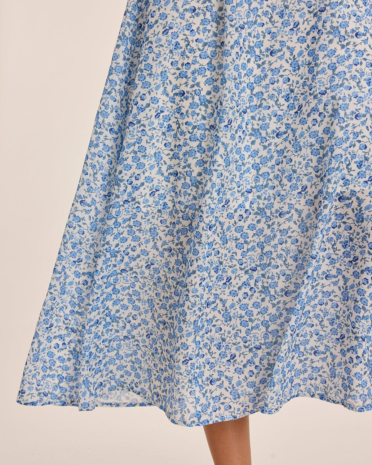 Blue Floral V Neck Shirred Slip Midi Dress Product Image