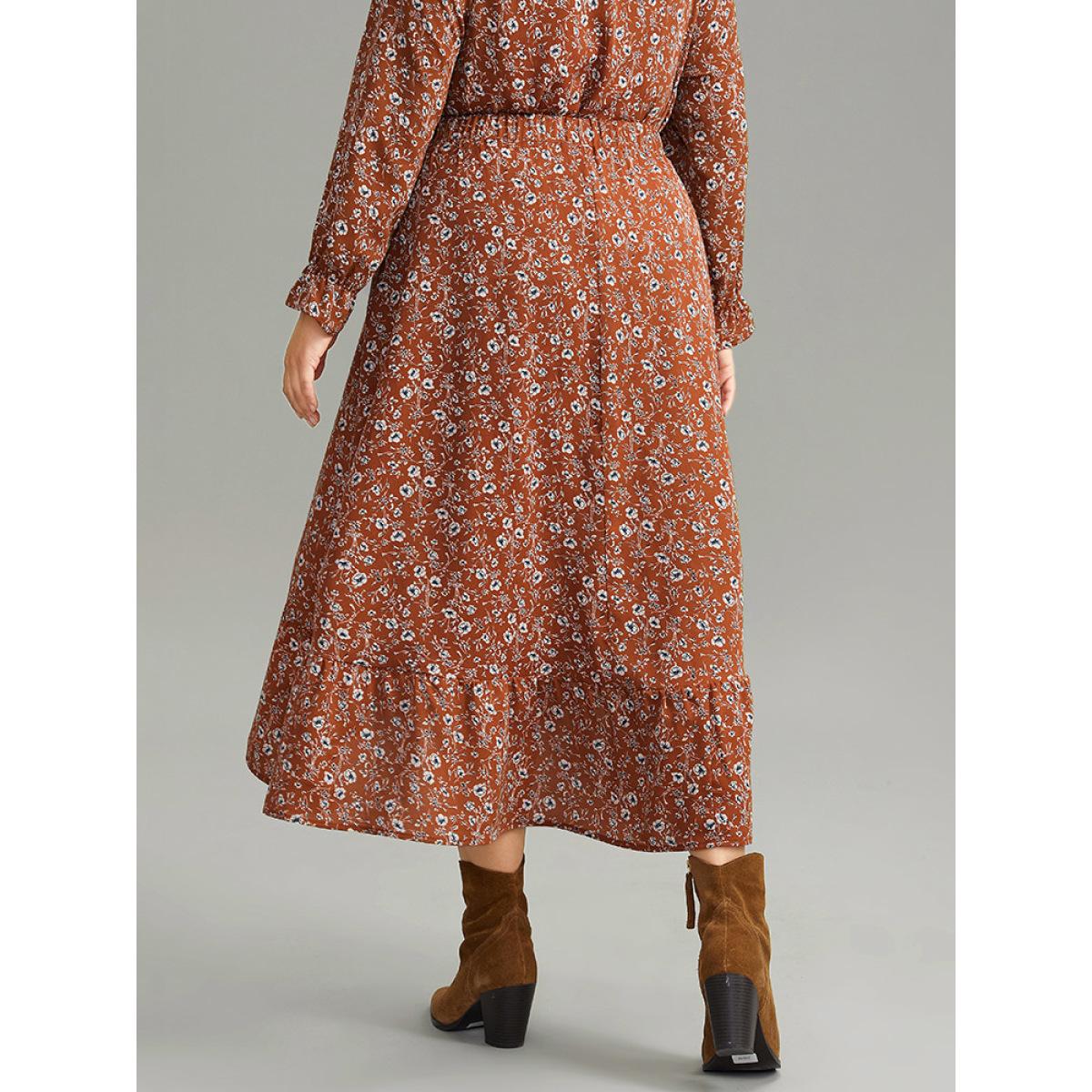 Plus Size Ditsy Floral Pocket Elastic Waist Skirt Women Rust Elegant Elastic Waist No stretch Pocket Everyday Skirts BloomChic 14-16/1X Product Image