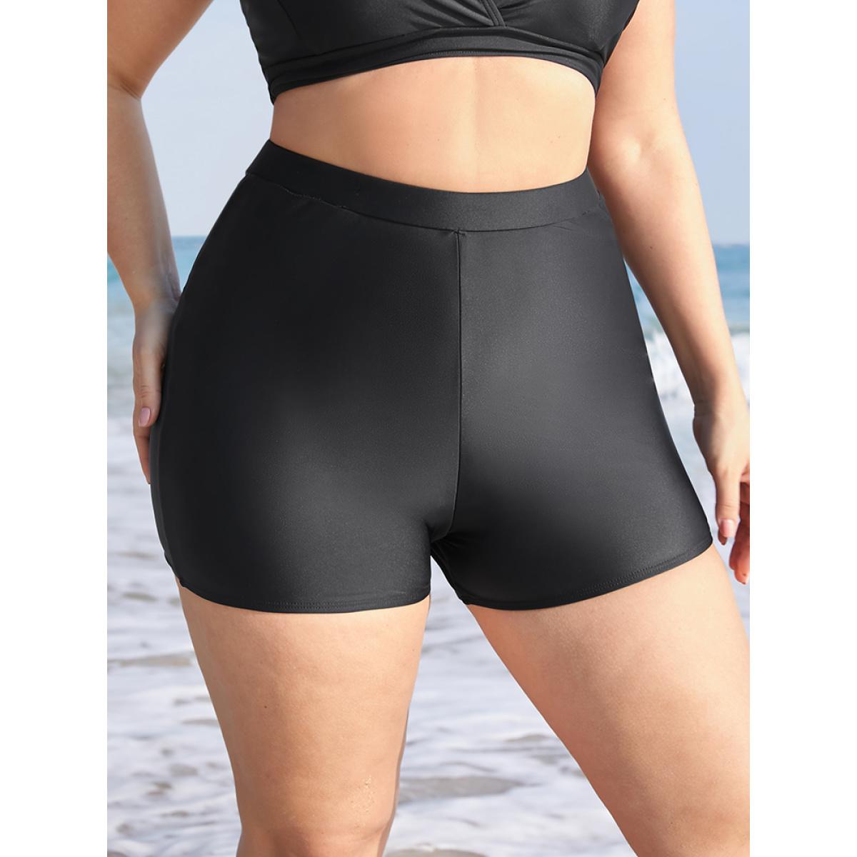 Plus Size Plain Elastic Waist Swim Shorts Women's Swimwear Black Beach Non High stretch Skinny High Rise Curve Swim Bottoms BloomChic 22-24/3X Product Image