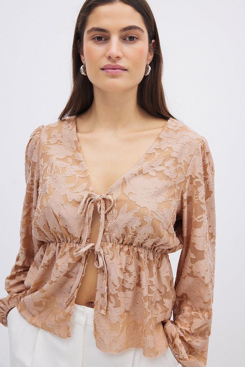 Burn Out Puff Sleeve Top Beige Product Image
