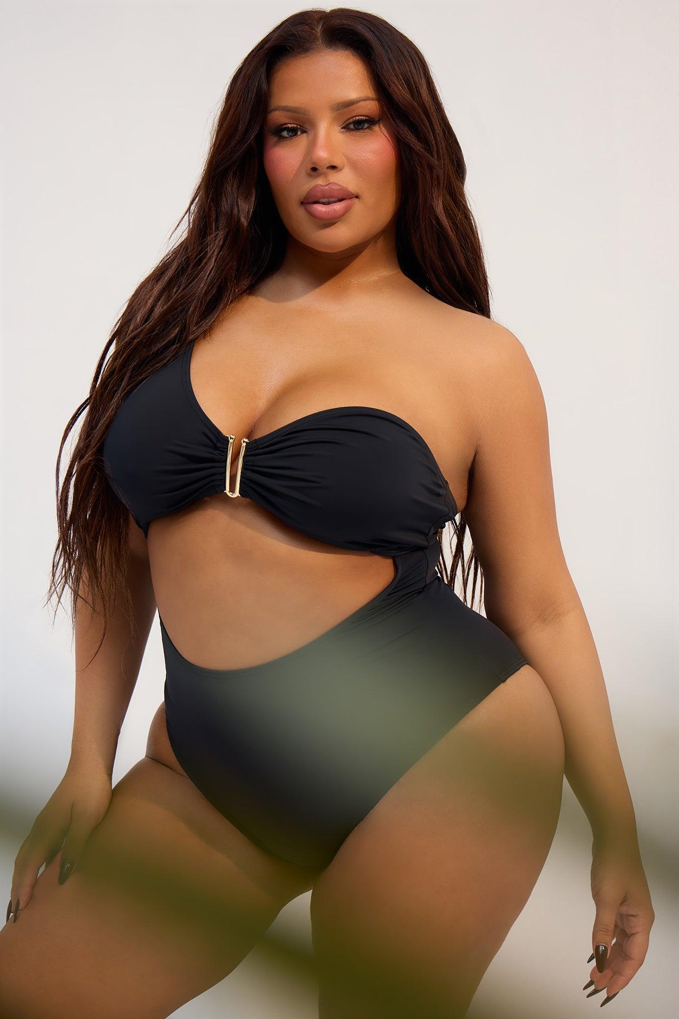 Miami Mami One Shoulder V Hardware Cutout 1 Piece Swimsuit - Black Product Image