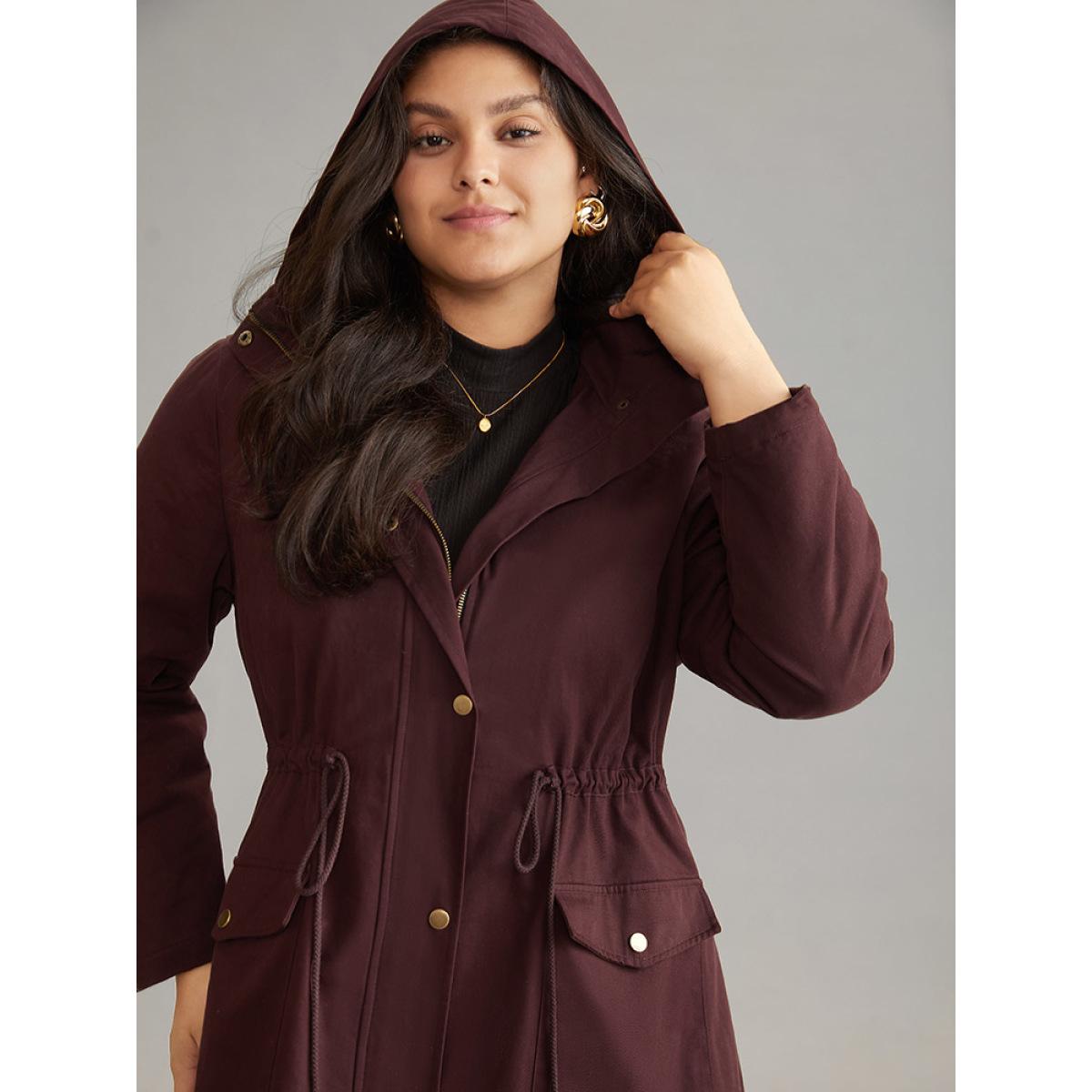 Plus Size Solid Zipper Drawstring Knot Flap Detail Coat Women Burgundy Casual Lined Ladies Dailywear Winter Coats BloomChic 26/4X Product Image