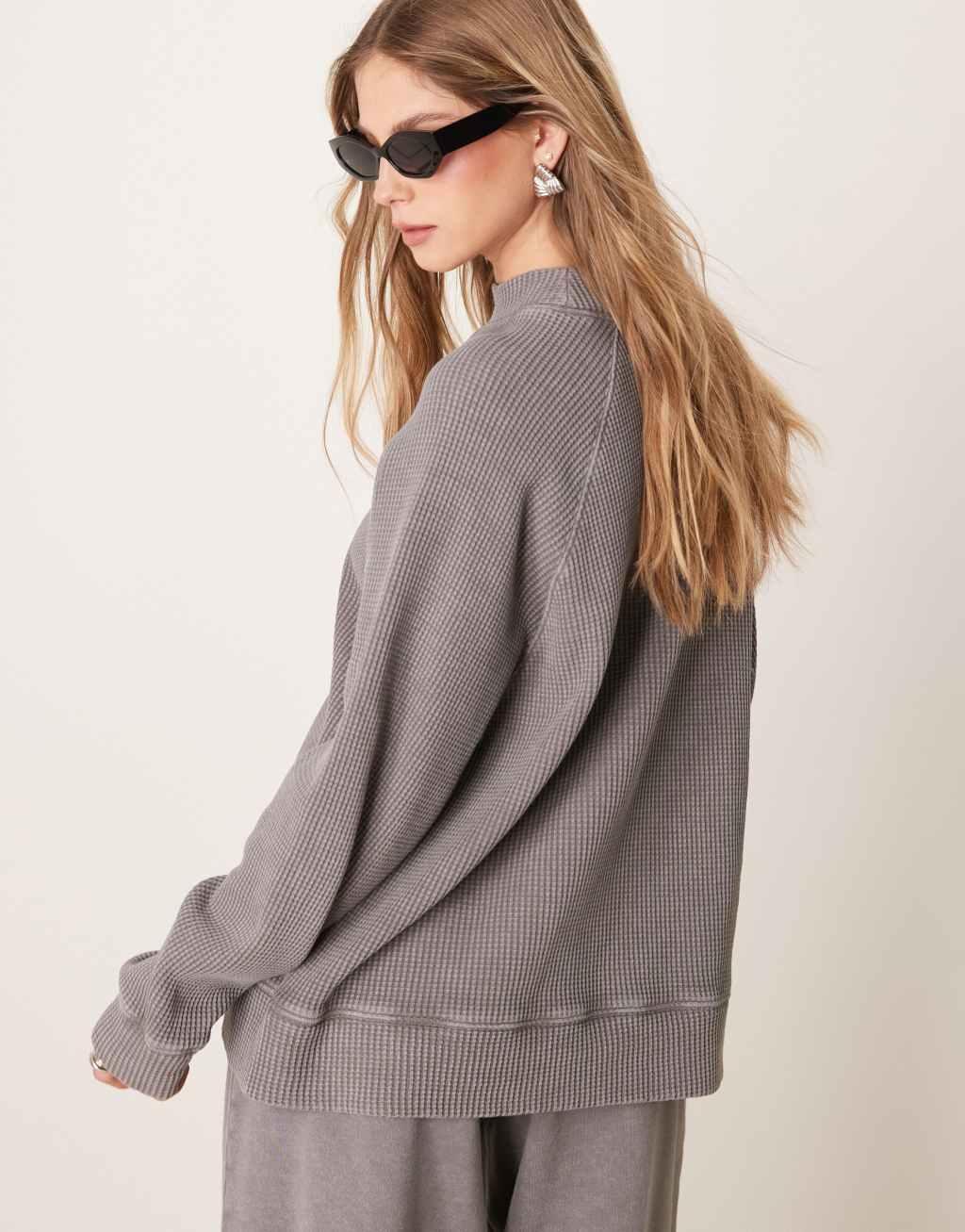 ASOS DESIGN heavyweight raglan high neck long sleeve waffle top in washed gray Product Image