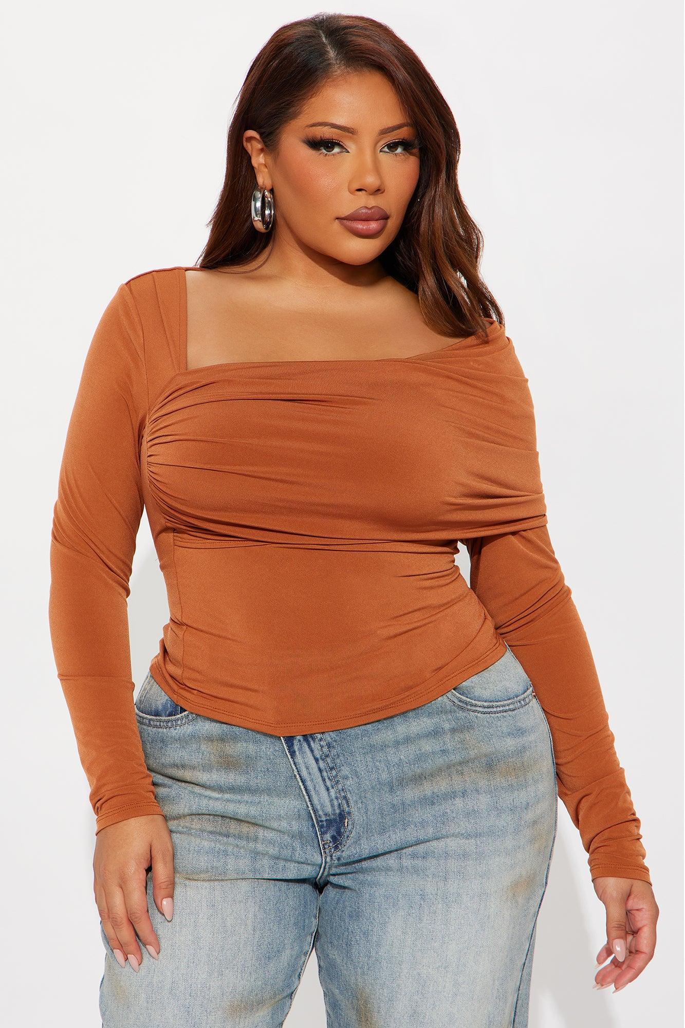 Modern Art Long Sleeve Ruched Top - Camel Female Product Image