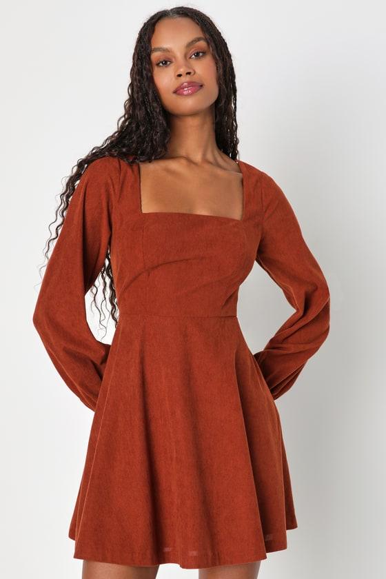 Daily Affection Rust Orange Corduroy Mini Dress With Pockets Product Image