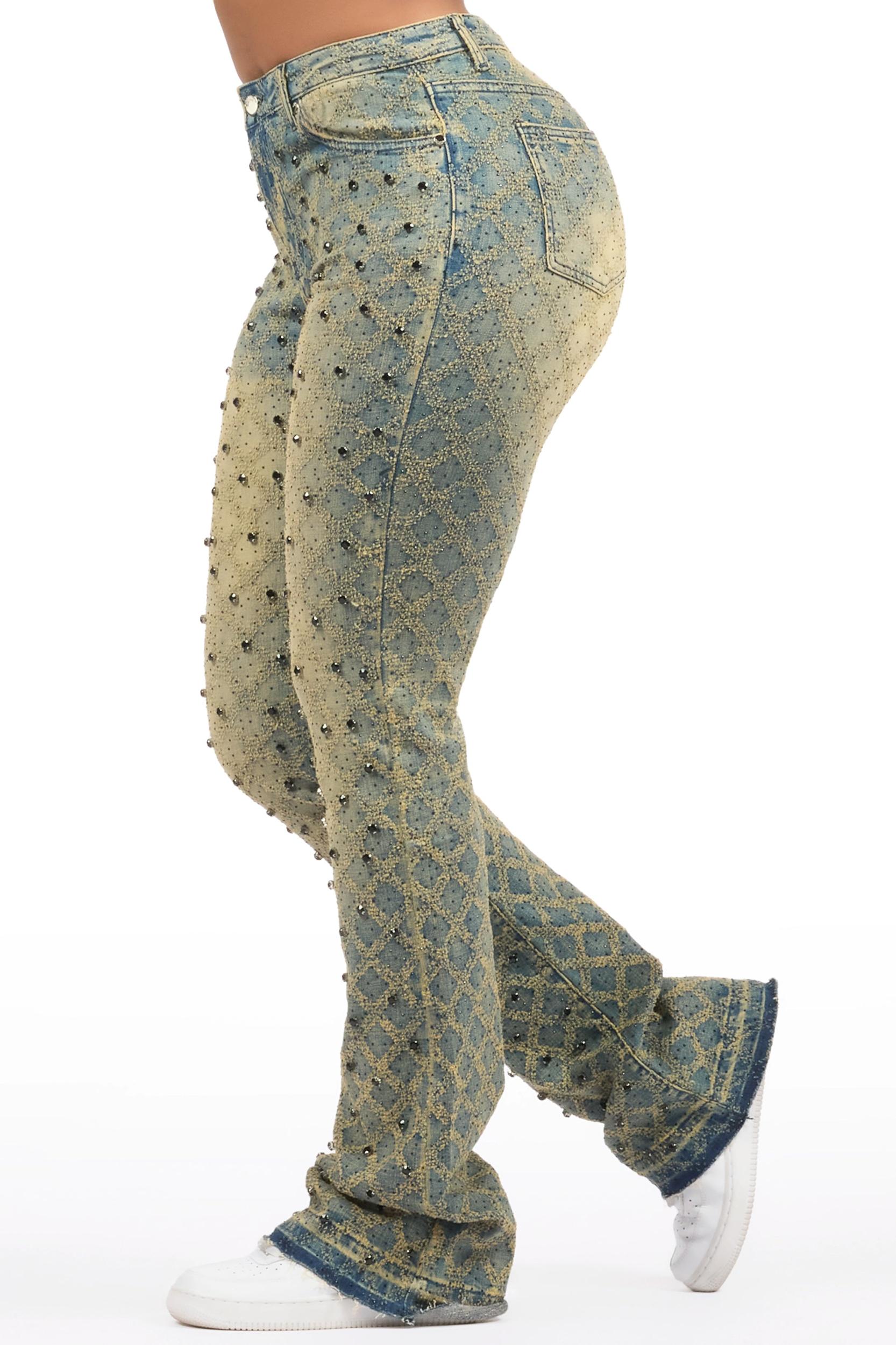 Sareka Tinted Dark Wash Rhinestone Stacked Flare Jean Female Product Image